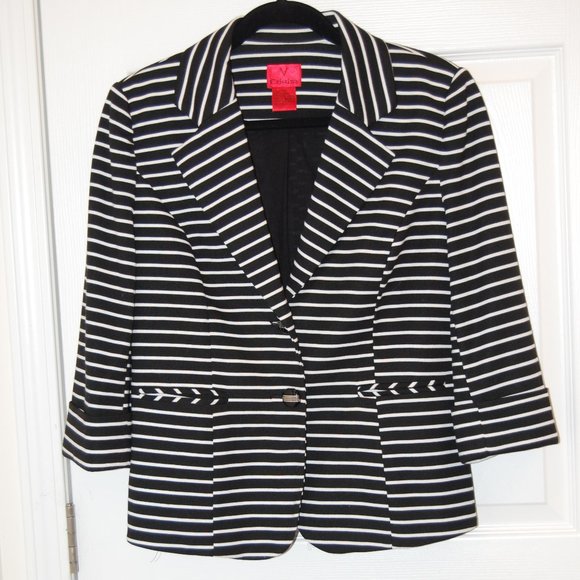 Christine V Black & White Striped 2 Button Women's Jacket Size Medium - Picture 3 of 10